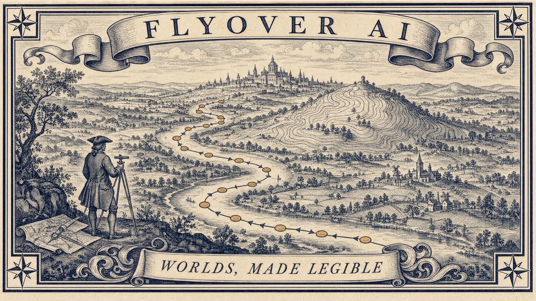 A surveyor with a theodolite charts a waypoint-marked river winding toward a distant citadel on a hill; the upper banner reads FLYOVER AI, the lower banner reads WORLDS, MADE LEGIBLE.